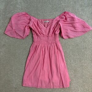Abercrombie & Fitch Pink Mini Dress Smocked Off Shoulder Puff Sleeve‎ Pockets S